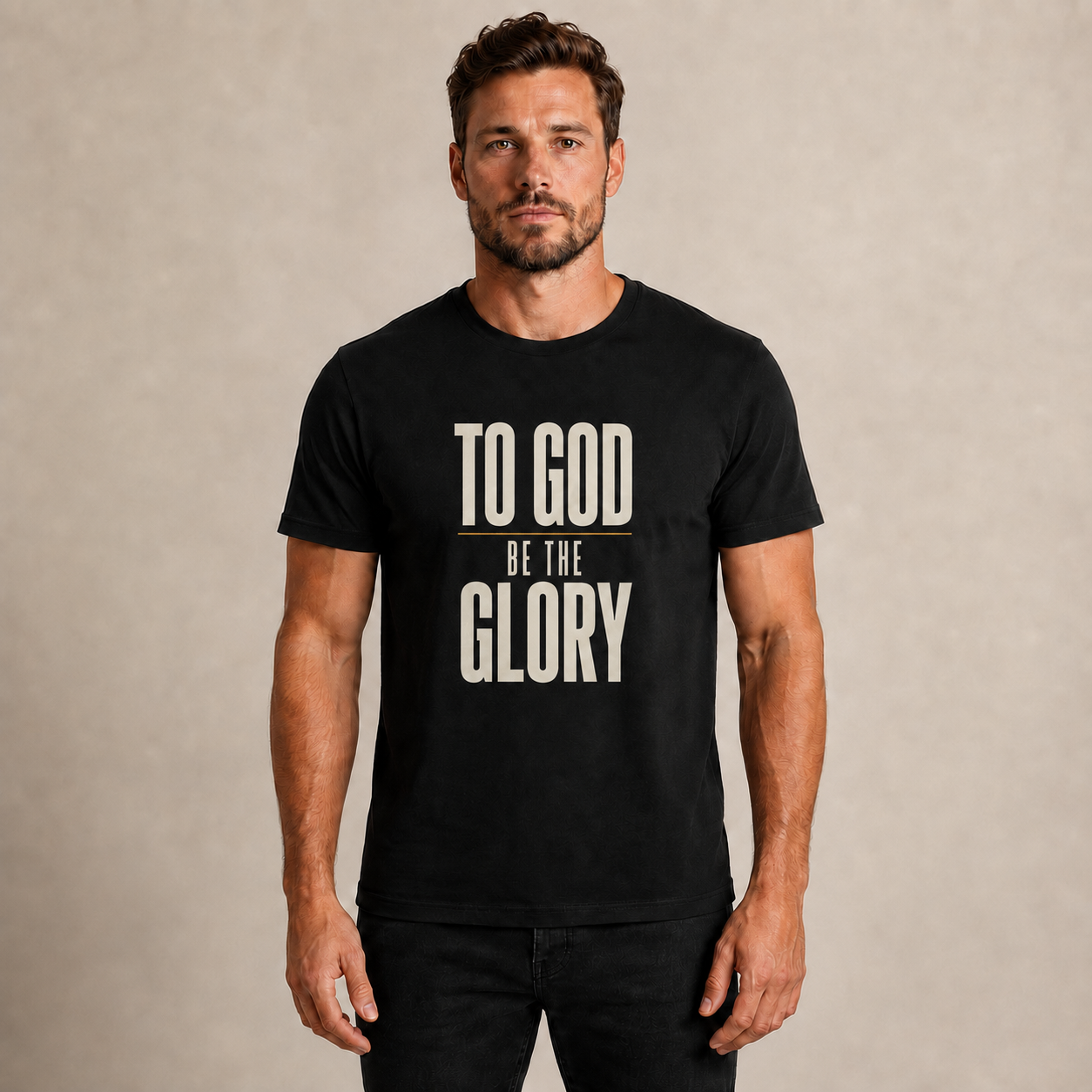 Male model wearing a black UPLIT TO GOD BE THE GLORY Softstyle T-shirt.